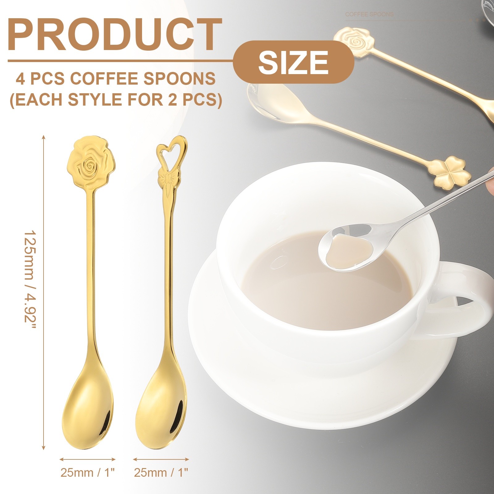 4pcs Coffee Spoons, Heart/Rose Tea Spoons Stainless Steel, Gold