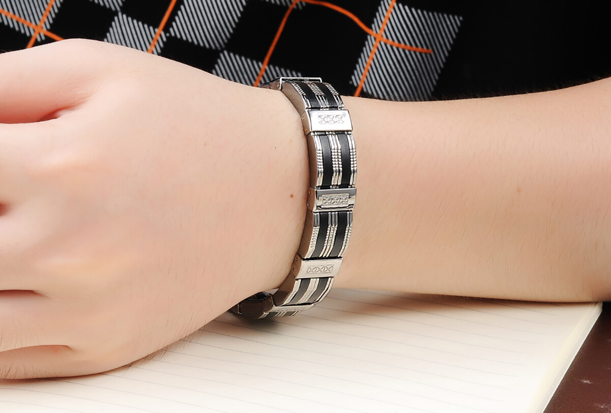 Men's Black Silver Tone Silicone Rubber Stainless Steel Bracelet Chain Wristband