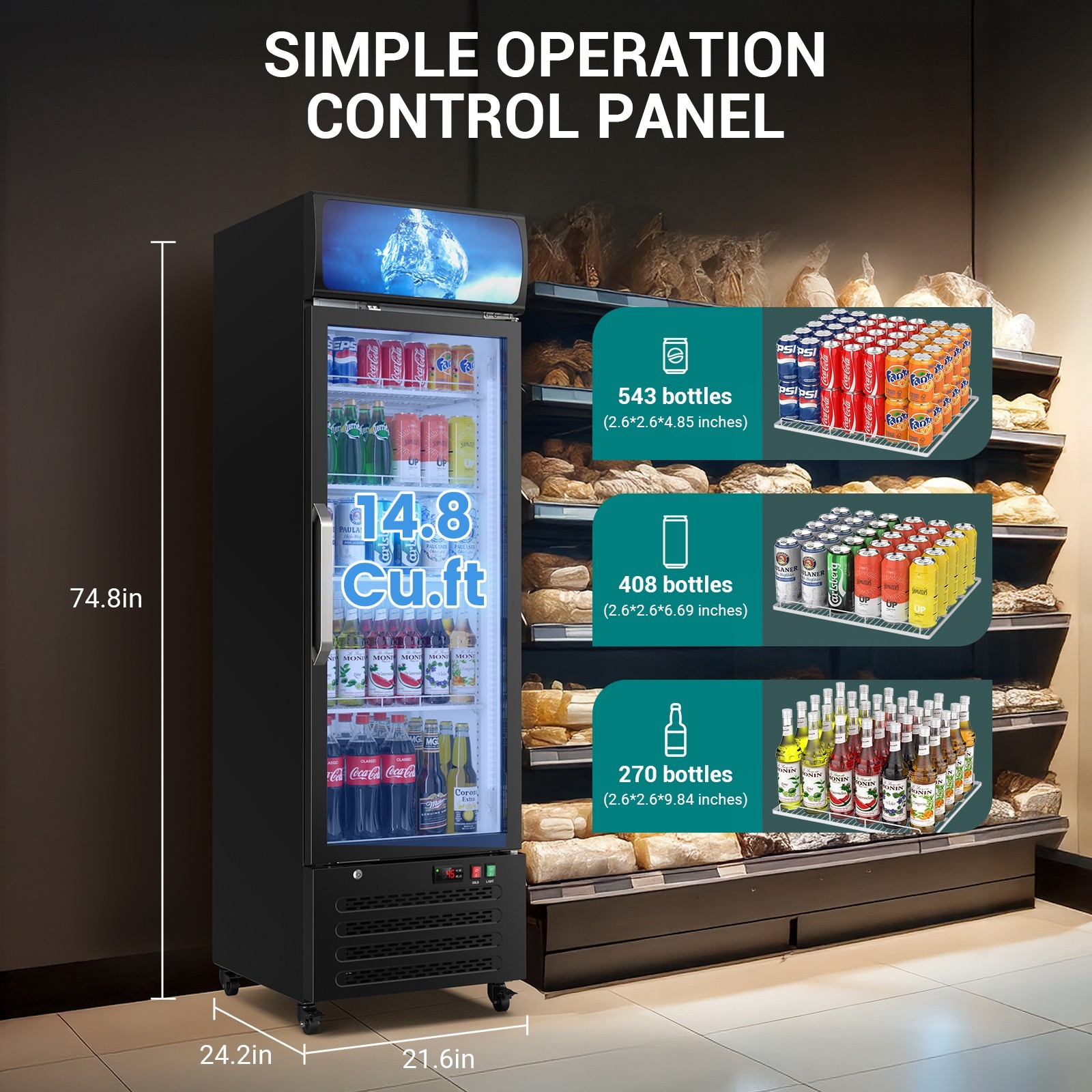 Commercial Merchandiser Refrigerator 14.8 CU.FT Glass Door Upright Beverage Frid