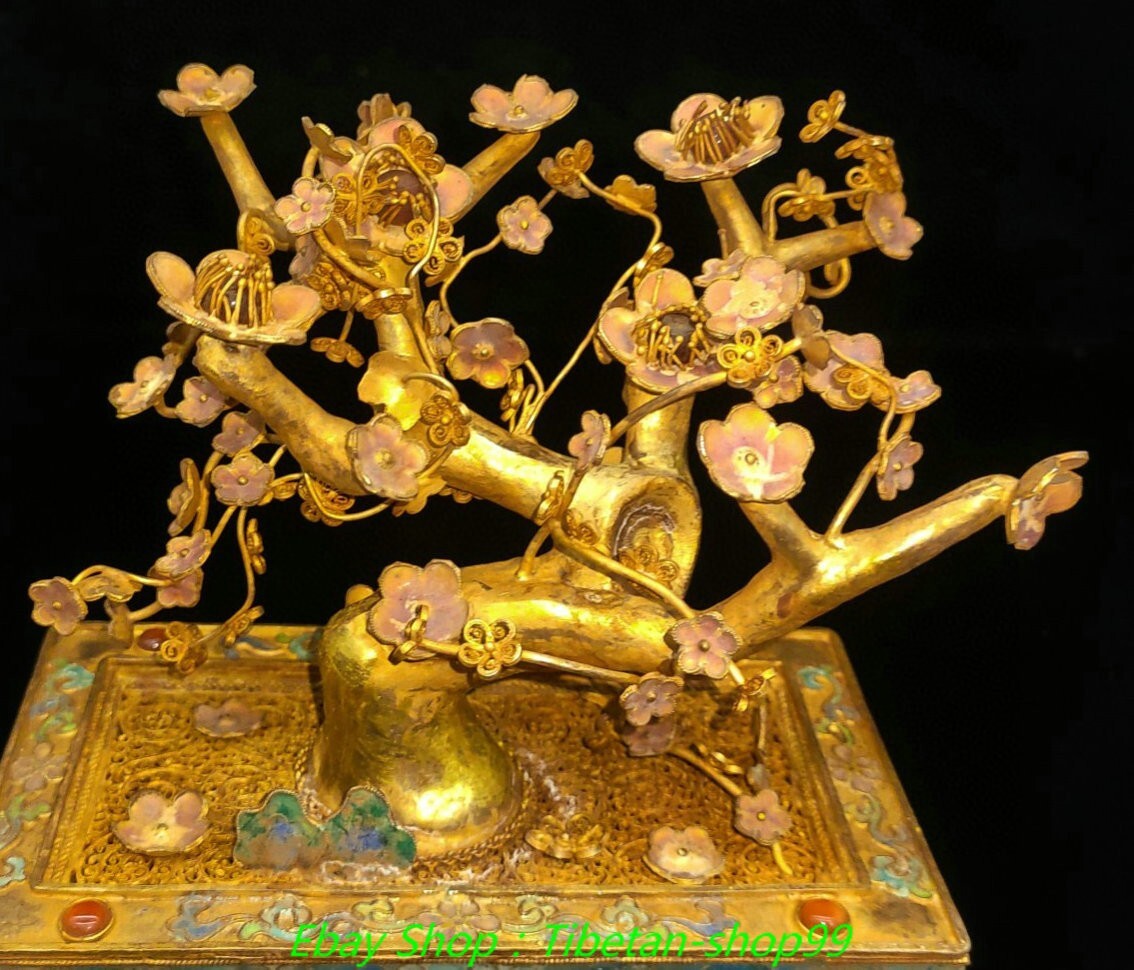 6.3"Old Pure Silver Gilt Cloisonne Enamel Plum Tree Flower Pot Bonsai Statue