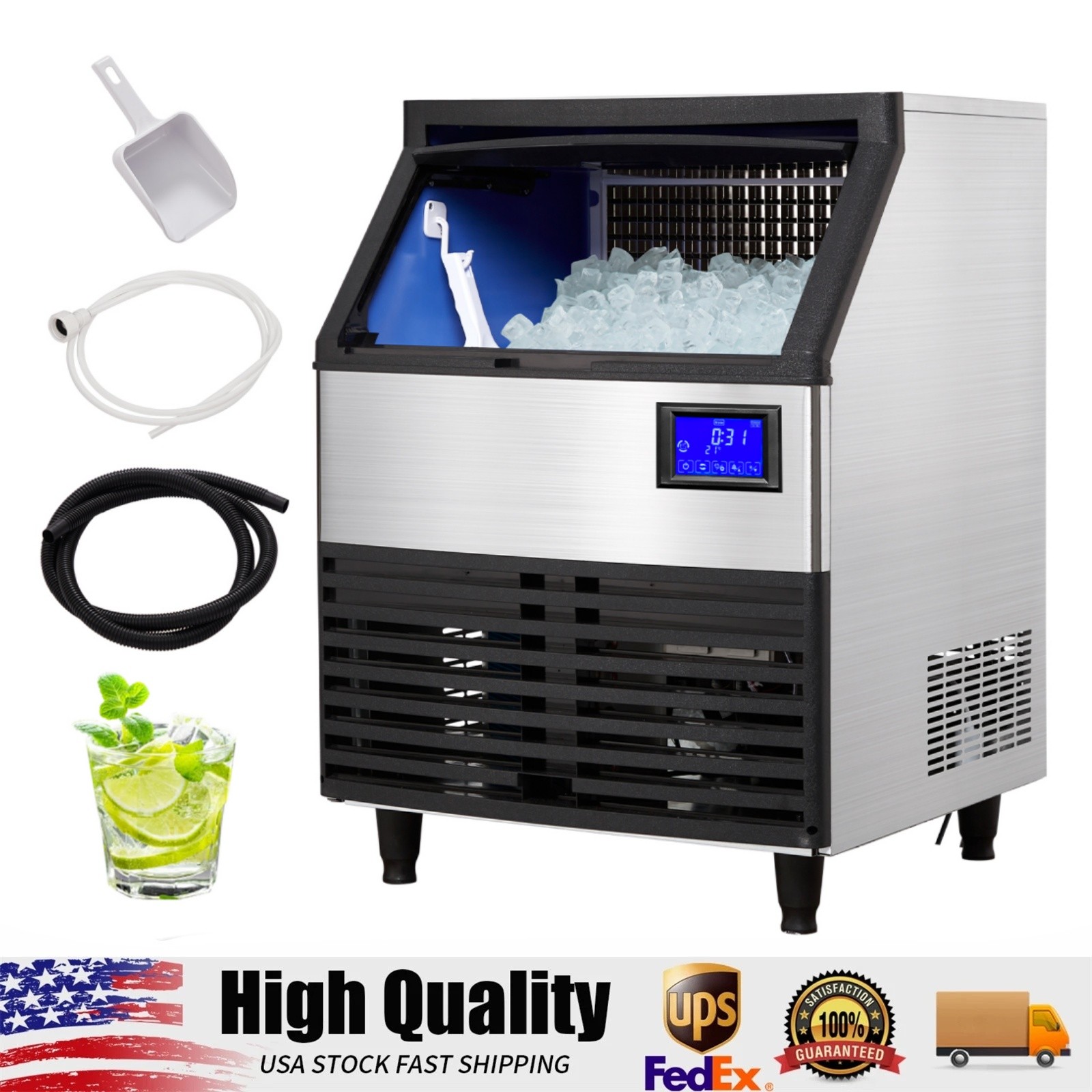 Commercial Ice Maker, 176lbs/24 Hours, Ice Maker Machine with 99lbs Storage Bin