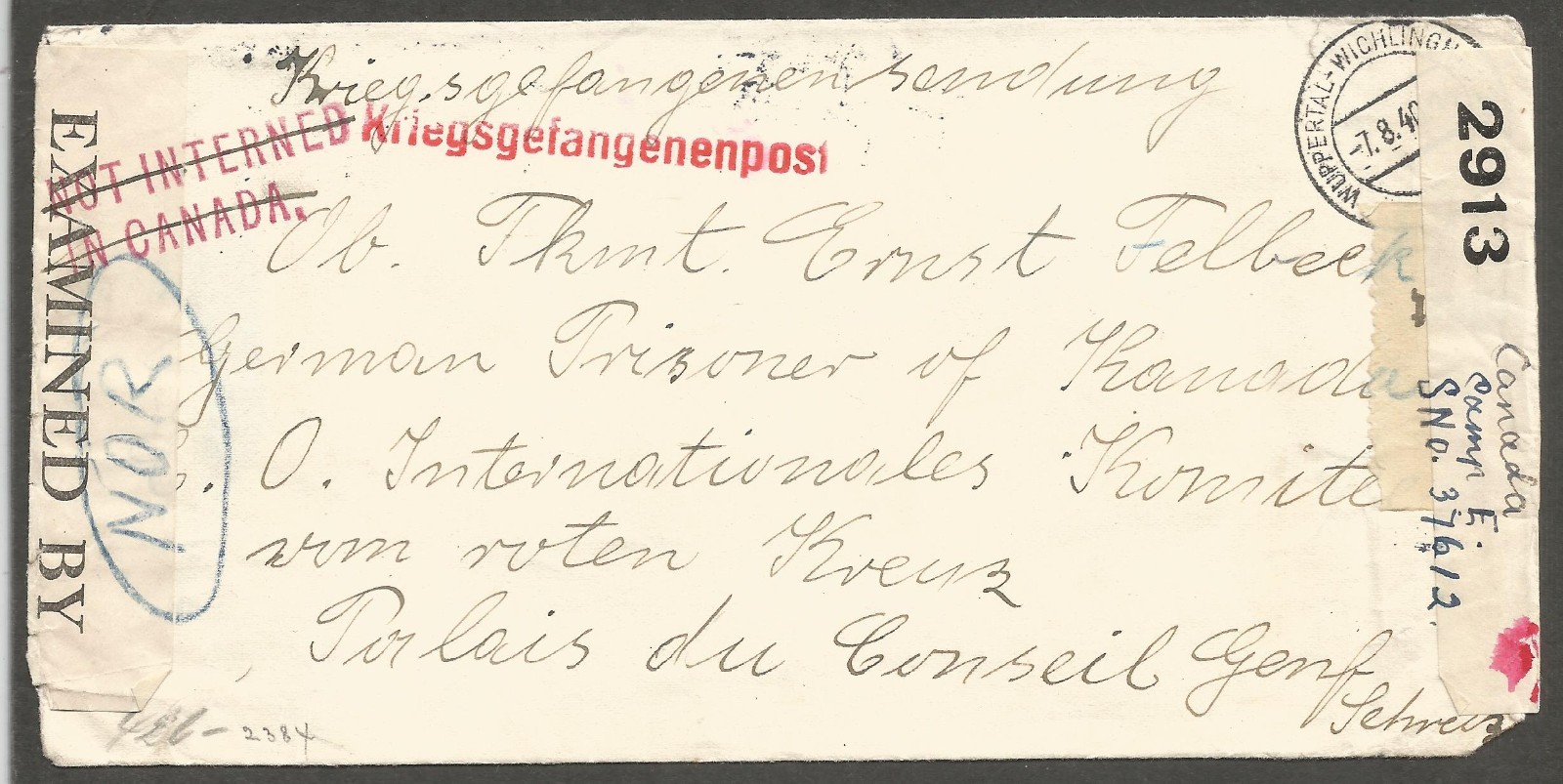 1940 Kriegsgefangenpost German POW Switzerland to Canada