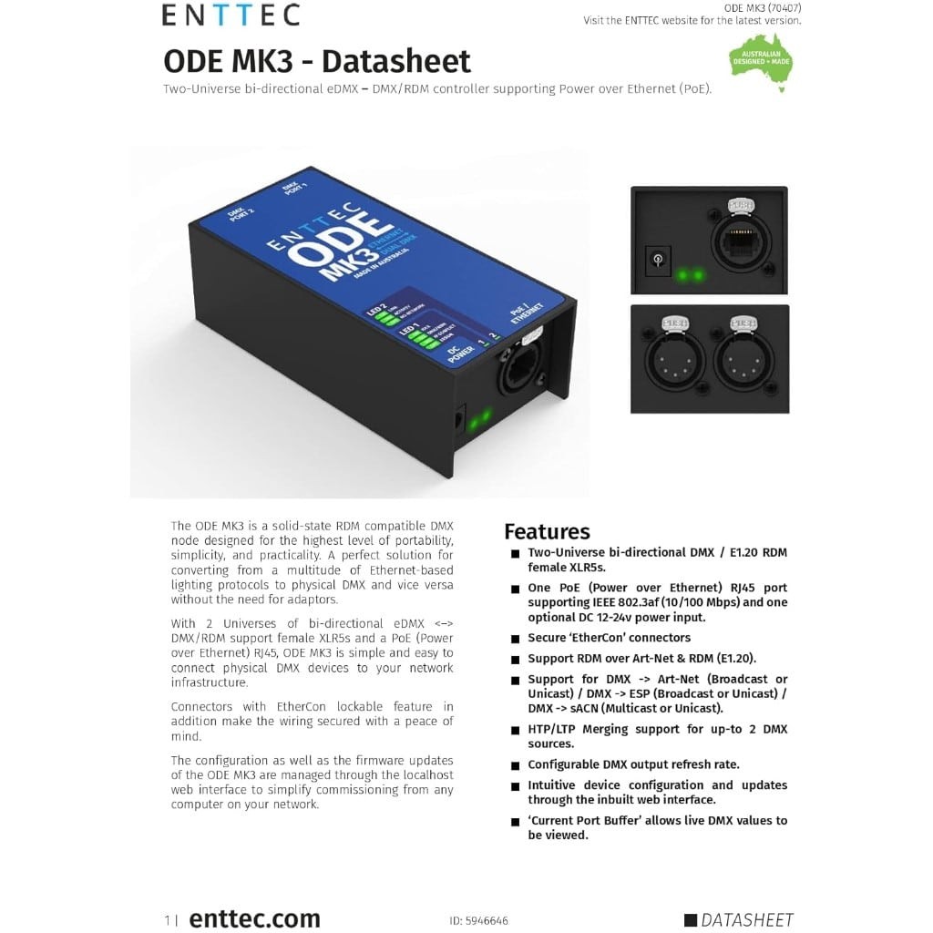 ENTTEC ODE Mk3 70407 POE 2 Universe DMX / RDM Ethernet Controller (Open Box)