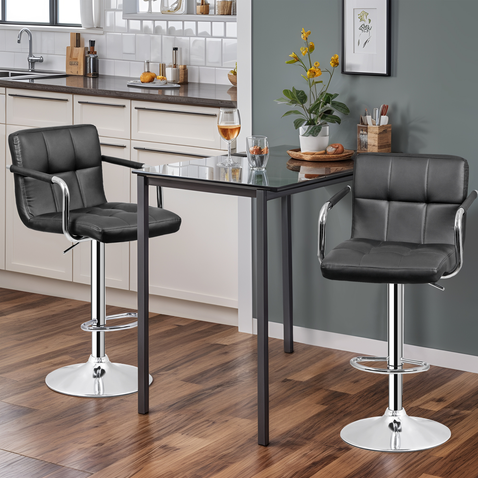 Set of 4 Bar Stools Swivel Adjustable Bar Chairs PU Leather w/Backrest & Armrest