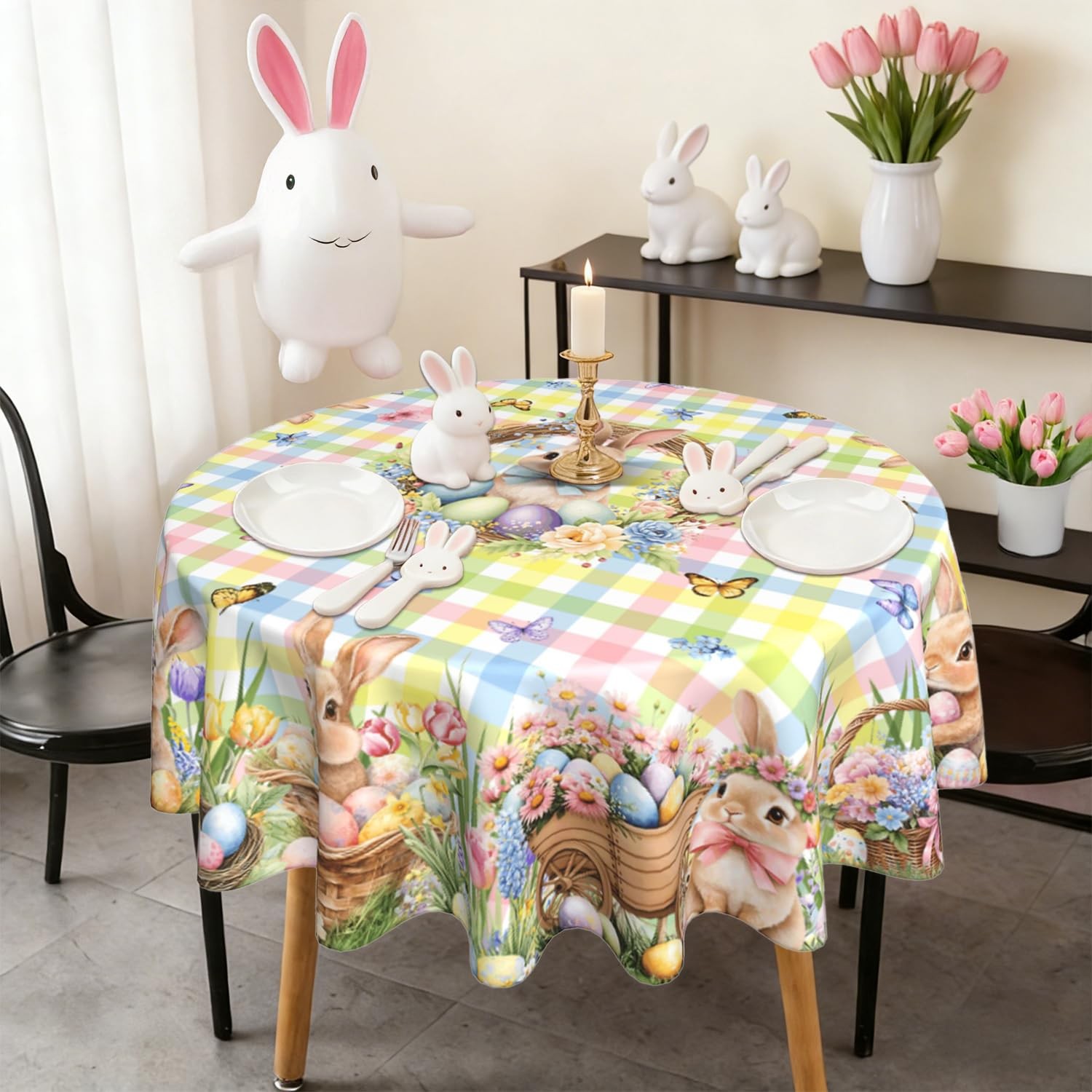 Easter Tablecloth Round 60 Inch Spring Summer 60" (Round), Bunny