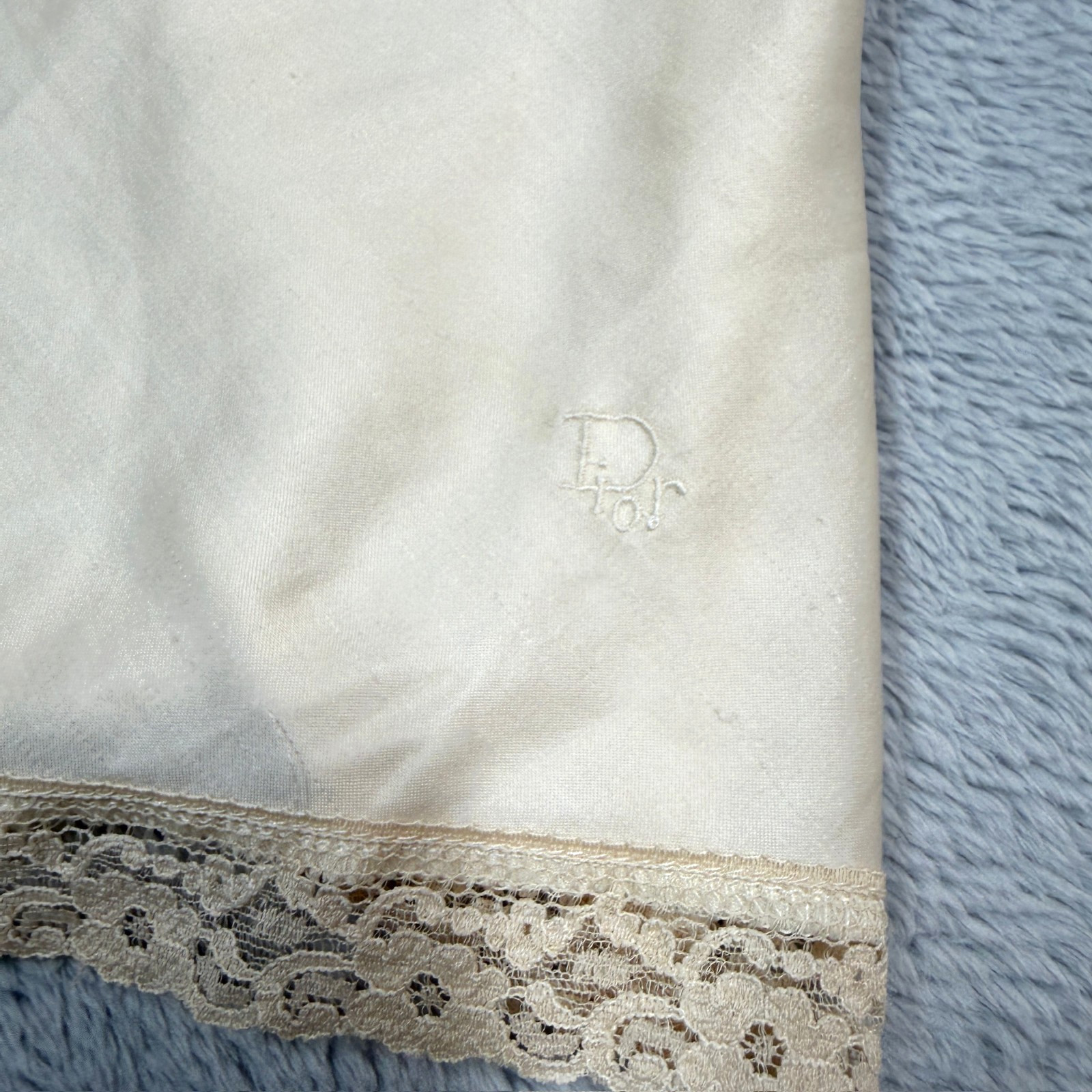 Vintage Christian Dior Slip Top & Skirt Women L Cream Satin Lace Hem READ