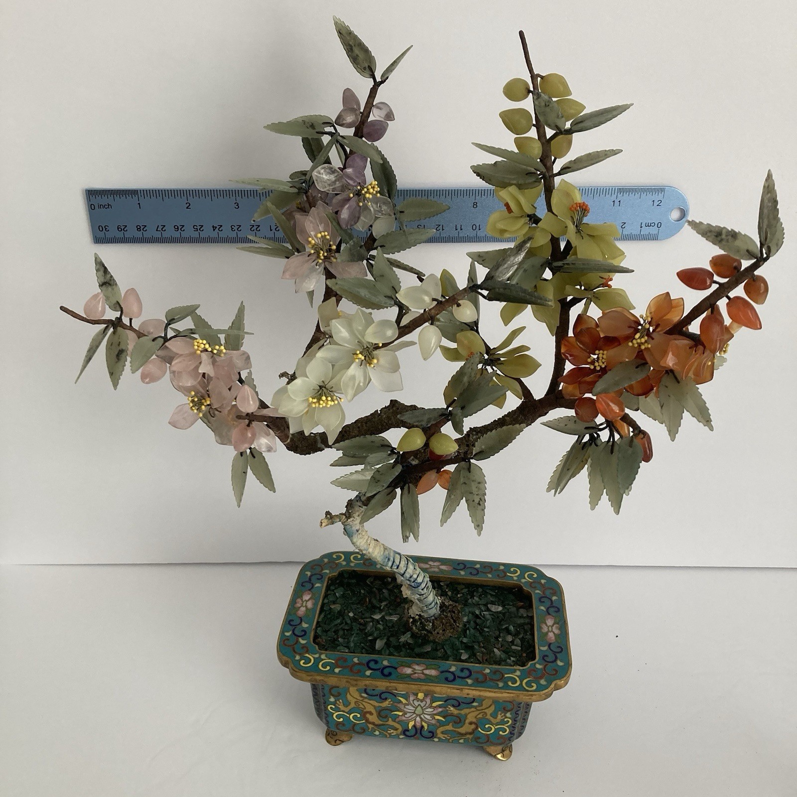 Pair Antique Chinese Jade Bonsai Tree in Cloisonne Pot w Amethyst Carnelian VTG