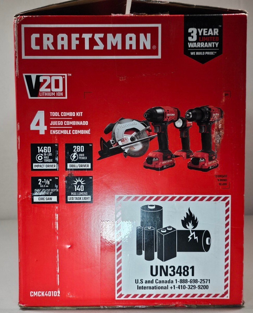 Craftsman CMCK401D2 V20 Li-Ion 4 Tool Combo Kit + (2) 2.0 AH Battery Cordless