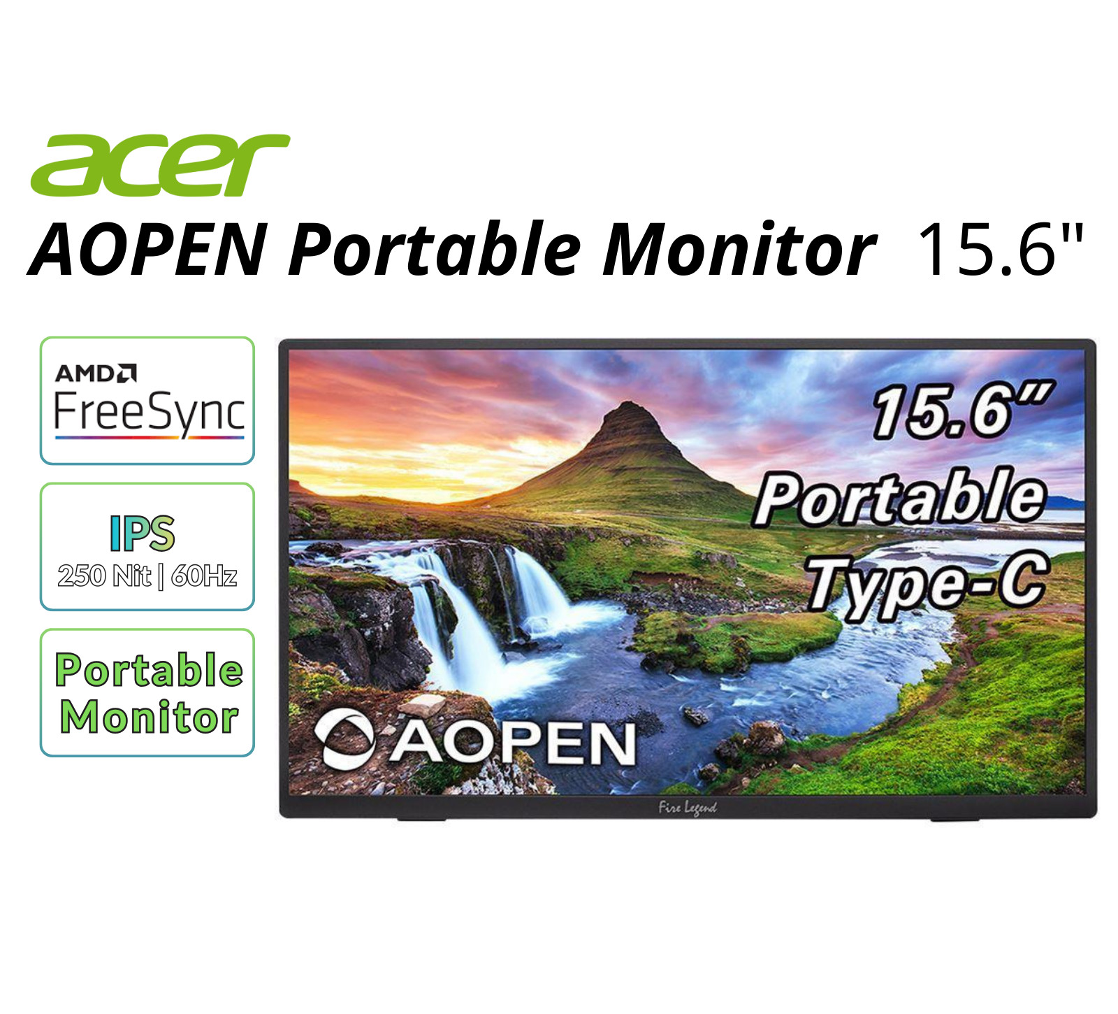 Acer 15.6" Portable Monitor FHD 250Nit 60Hz 6ms USB Type-C DP 16PM1Q Refurbished