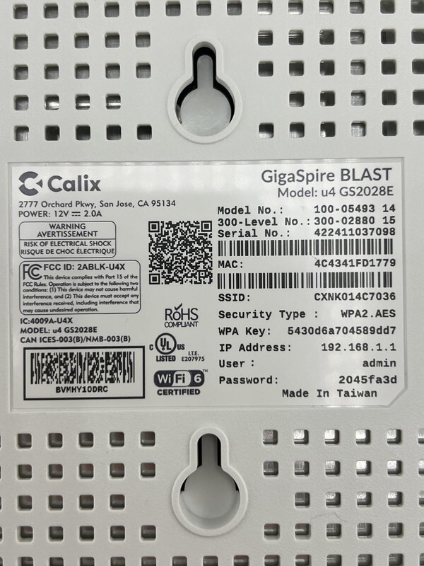 CALIX GIGASPIRE 100-05493 BLAST U4 WIRELESS ROUTER GS2028E
