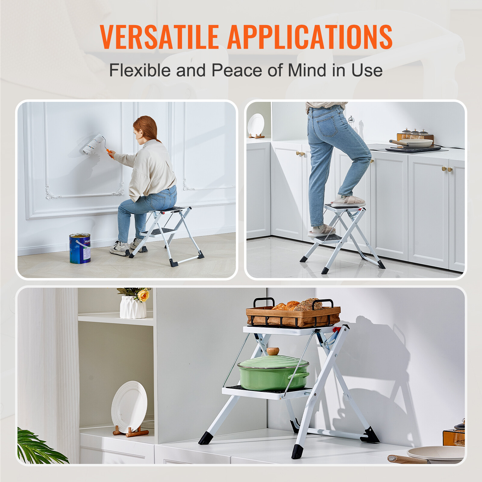 VEVOR Step Stool Ladder 2-Step Foldable 3 Adjustable Height Max Load 330lbs