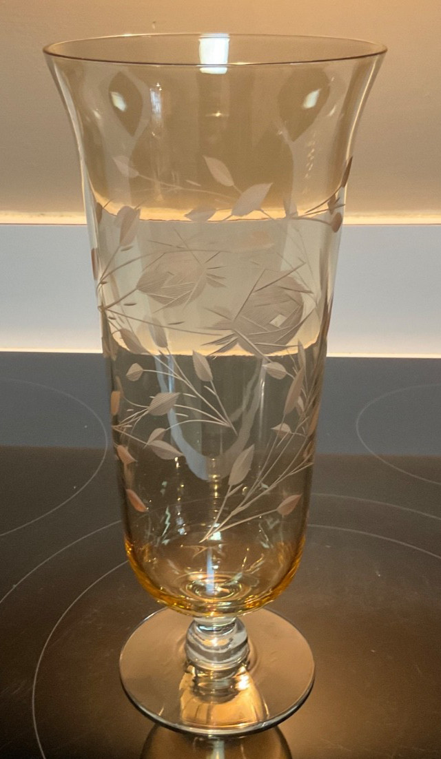 Vintage Amber Etched Art Glass Footed Vase. Vines and Flowers. 10”