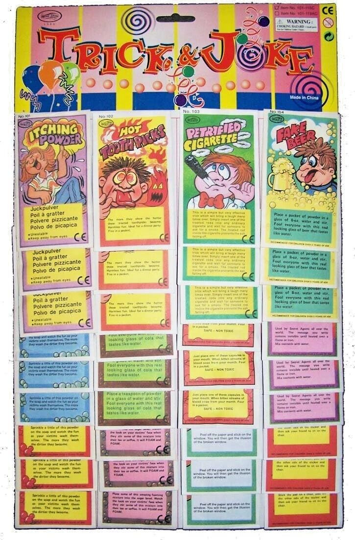 Display Card of 36 Assorted Classic Joke items Itching Powder Blood Capsules etc