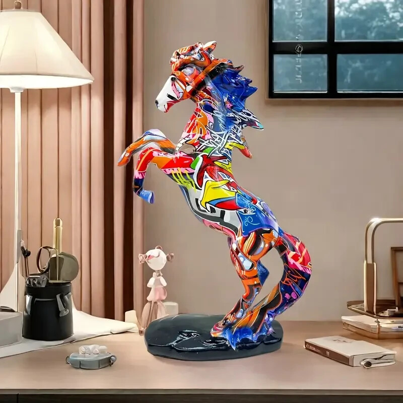 NEW Vibrant Multi Color Graffiti Standing Horse. Resin Figurine Statue 13hx9wx3d
