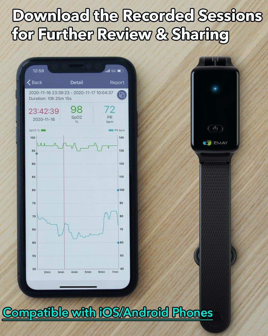 EMAY SleepO2 Wrist Recording Pulse Oximeter Continuous Oxygen Monitor Tracking