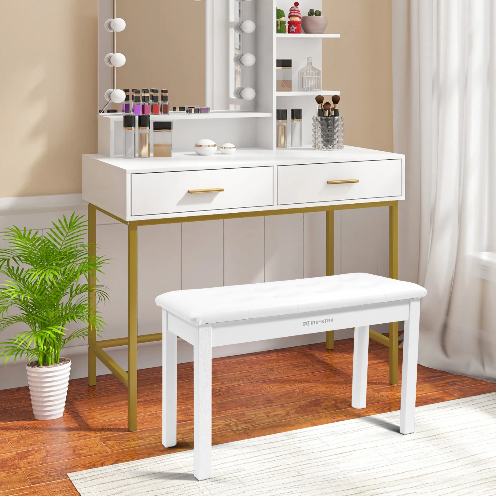 Wooden White Duet Piano Keyboards Bench Vanity Stool with Storage,Padded Cushion