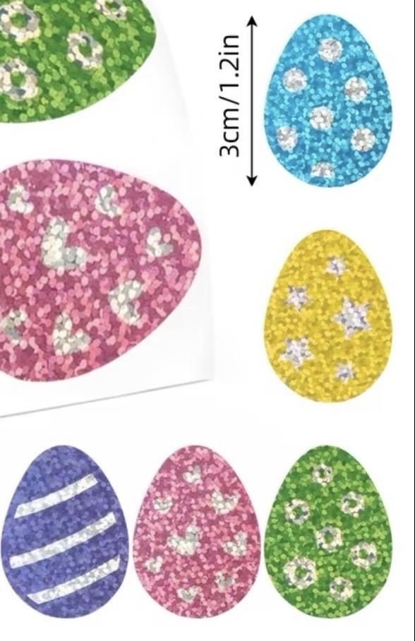 40 PCs ~1x1.2” Holographic Multi-color Glitter Easter Egg Stickers 8 Designs