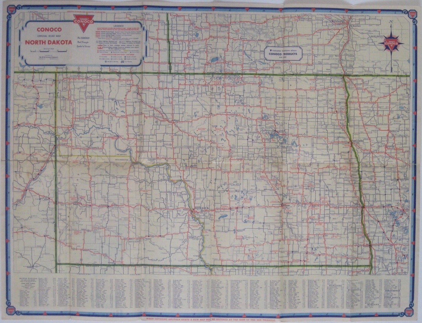1936 CONOCO OIL Road Map NORTH DAKOTA Minot Fargo Bismarck Jamestown Devils Lake