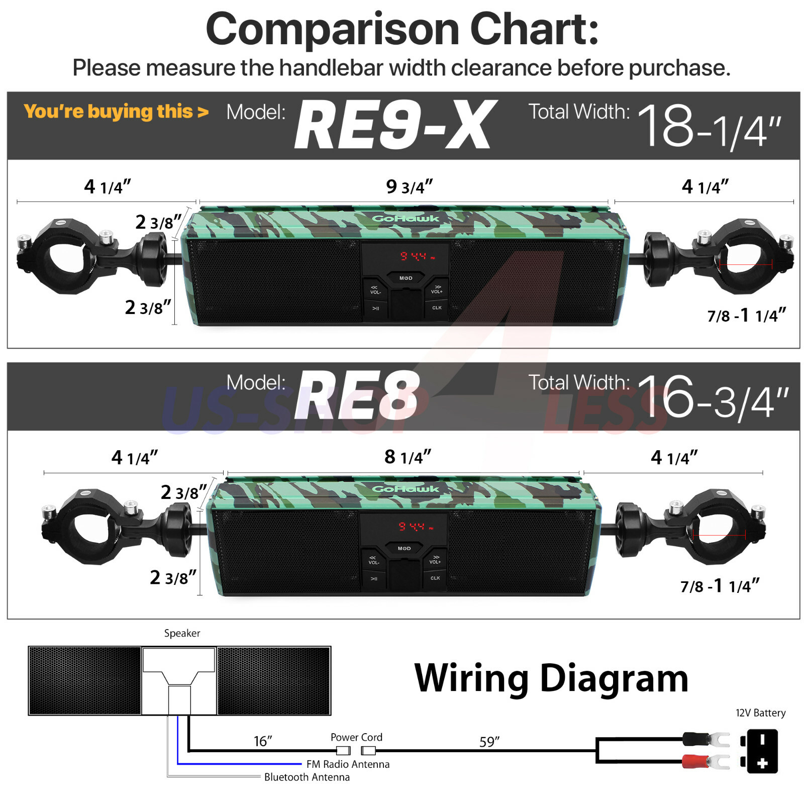 Waterproof Bluetooth Motorcycle Stereo Speakers Soundbar Audio System USB ATV
