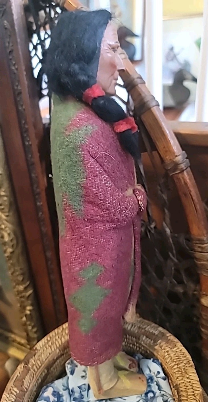 Antique Skookum Doll Early Paint Face Wool Straw Stuffed Mohair Wood Legs 15 1/2