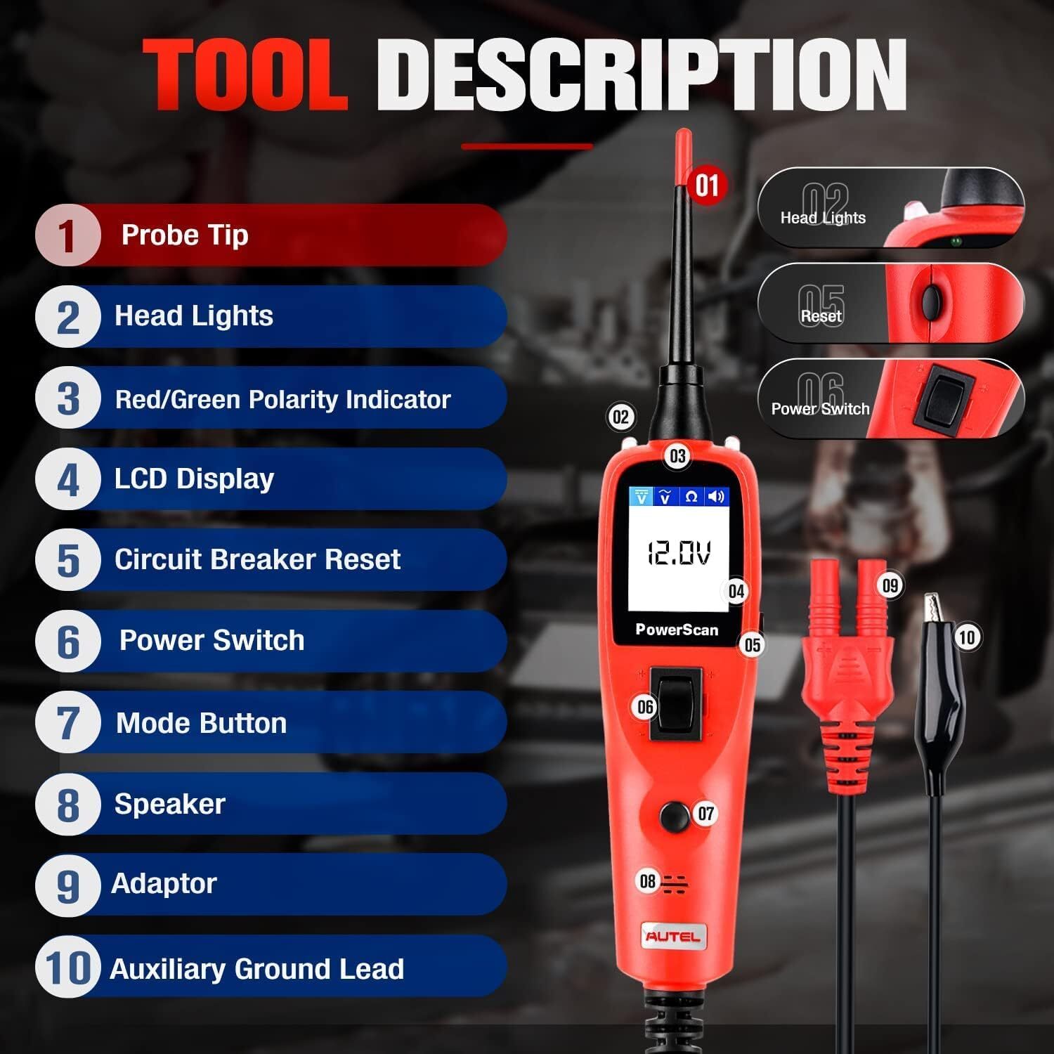 Autel Circuit Tester PowerScan Circuit Probe Tool 12-24V Electrical Short Open