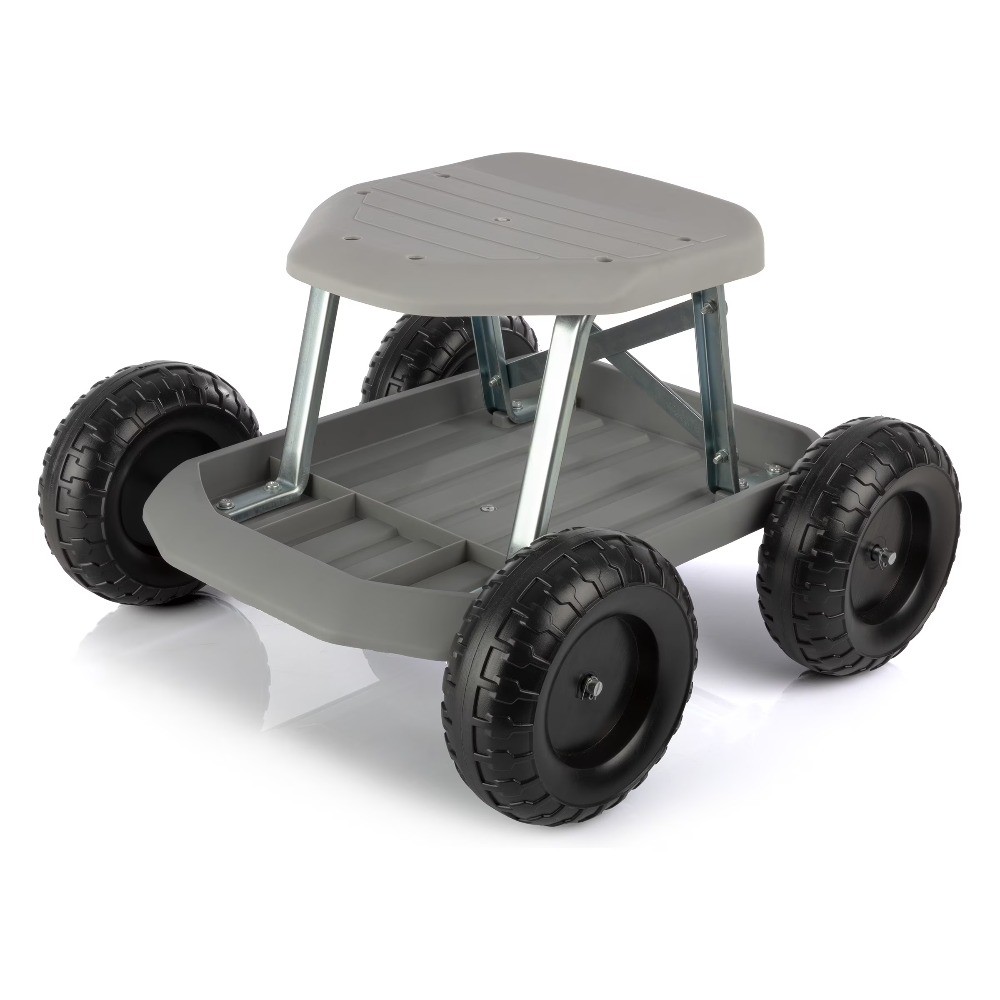 Pure Garden Gardening Stool - Rolling Garden Seat with Tray (Gray)