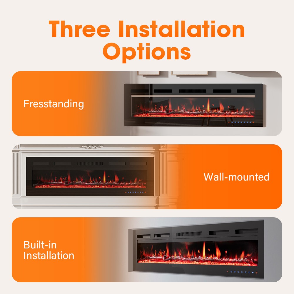 60'' Electric Fireplace Wall Mounted Heater with Remote/Adjustable Flame/Timer