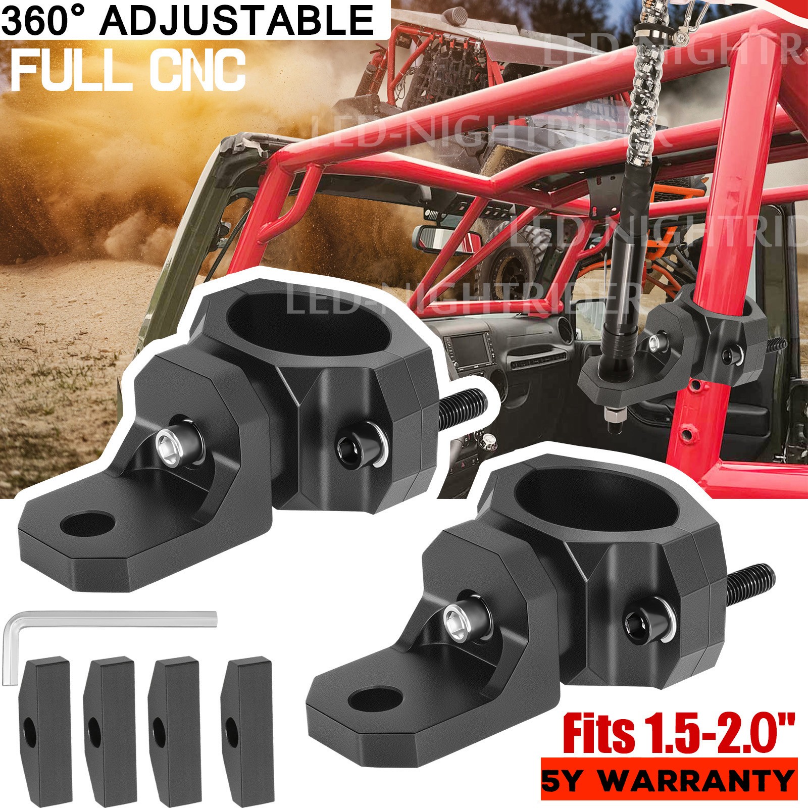 2X For Polaris RZR XP 1000 Whip Lights Mounting Brackets 1.5-2" Roll Bar Mounts