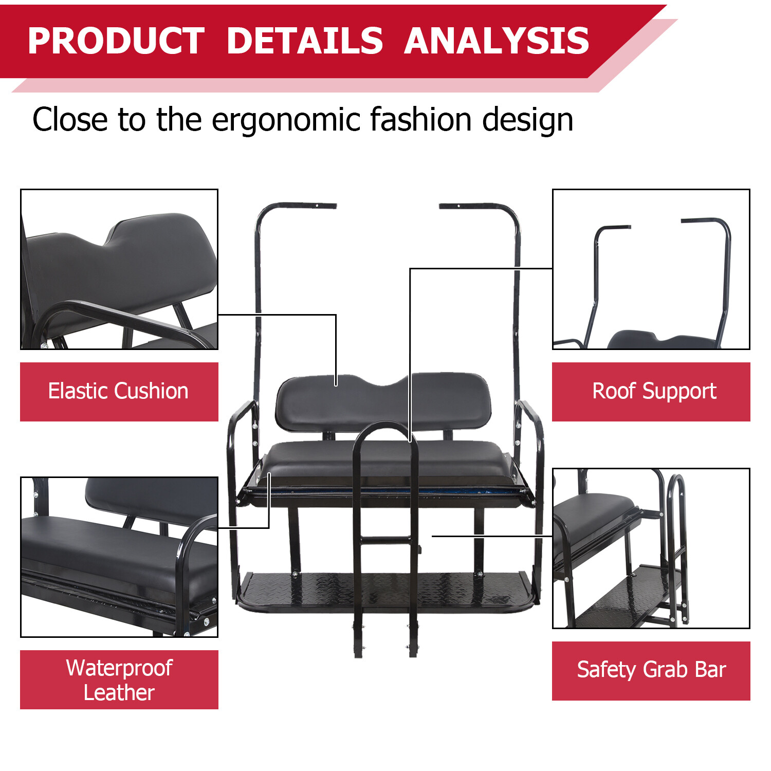 Rear Seat Kit w/ Grab Bar for Club Car DS (1982-2000.5) Golf Cart - Black