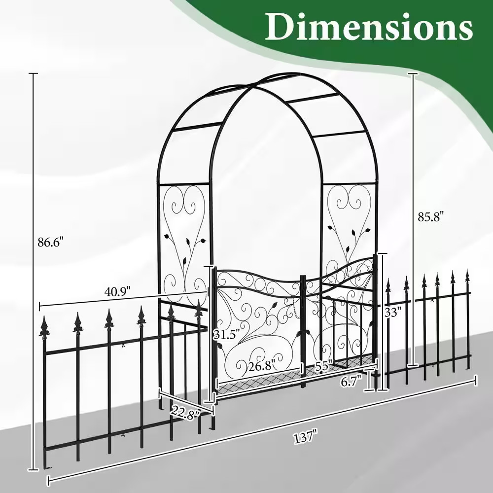 86.6 In. X 137 In. Outdoor Iron Arbor with Gate and Fence