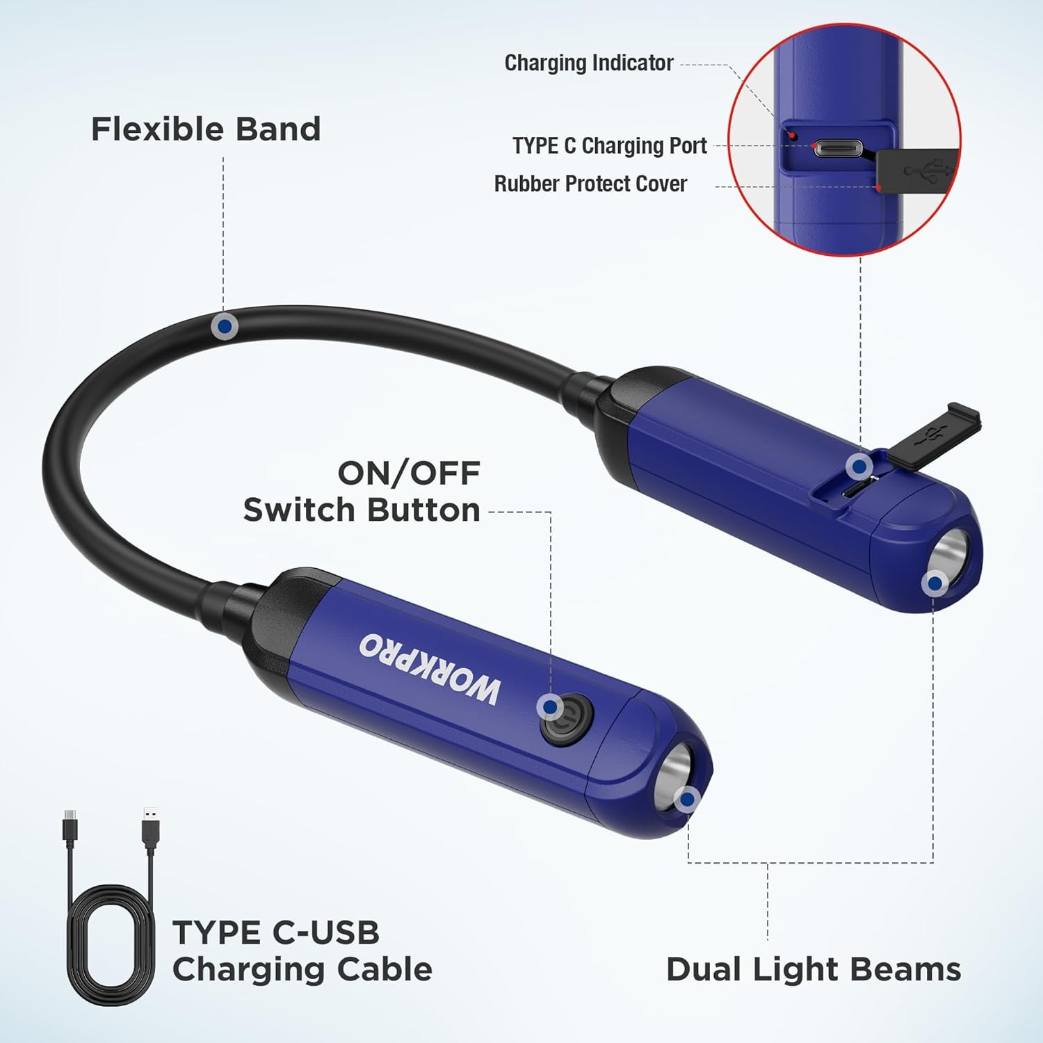 WORKPRO 300LM Rechargeable Neck Light Hands-Free 3 Brightness Level Bendable Arm