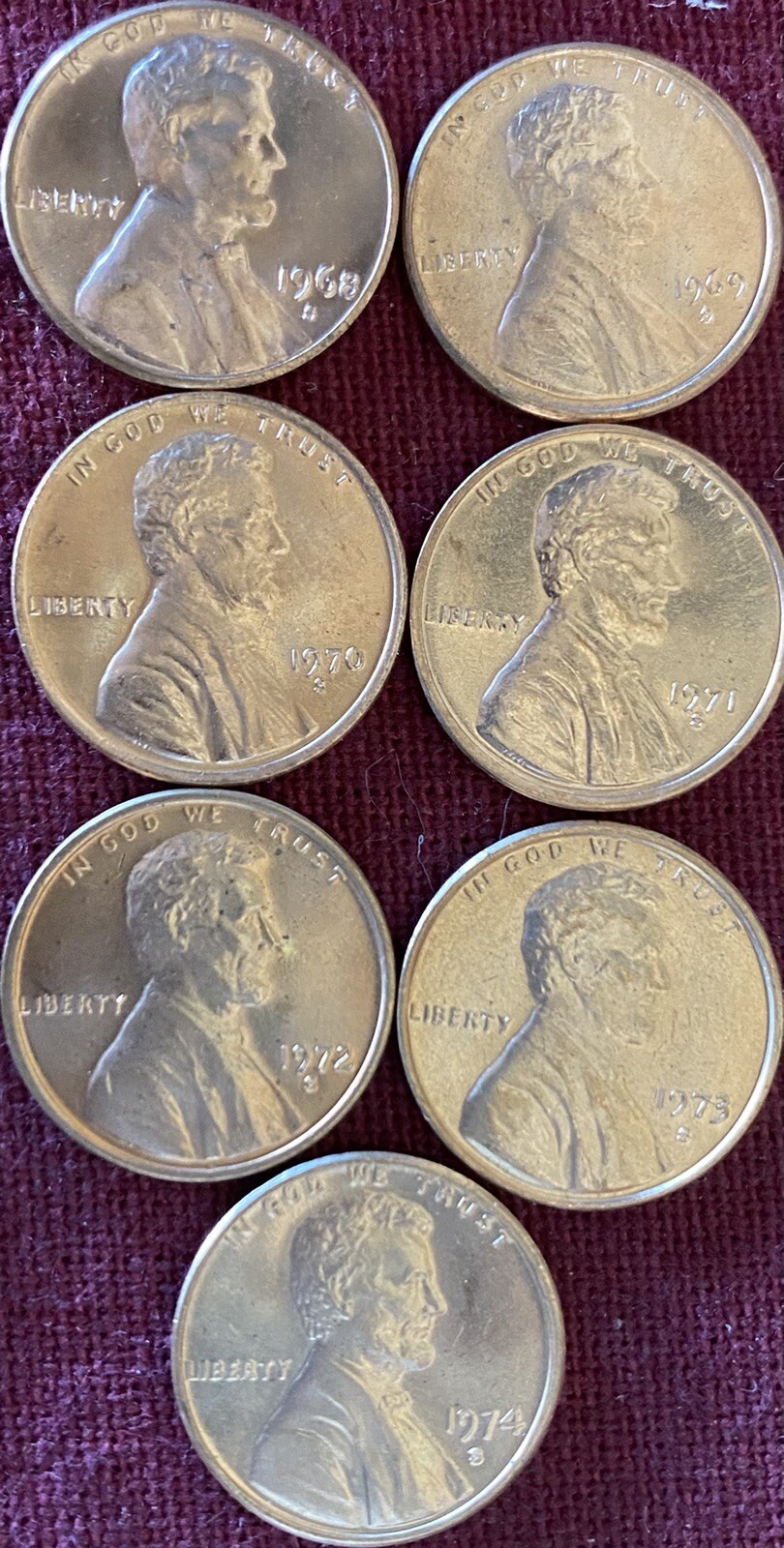 1968S 1969S 1970S 1971S 1972S 1973S 1974S 7 LINCOLN MEMORIAL CENTS UNCIRCULATED