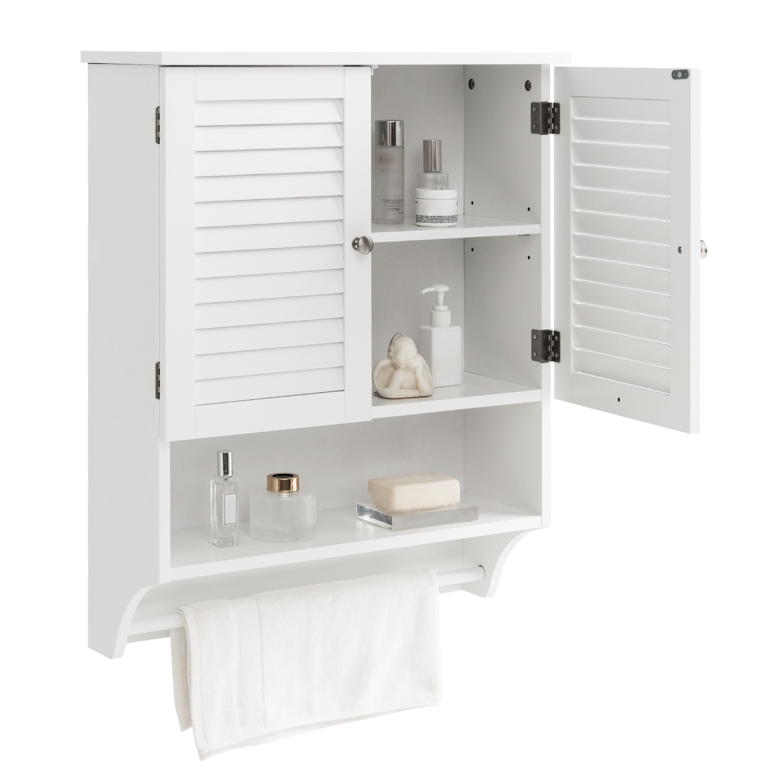 Bathroom Wall Mounted Medicine Cabinet w/ Louvered Doors & Towel Bar White
