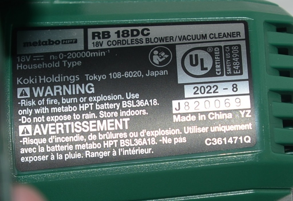 Metabo HPT RB 18DC 18V Cordless Blower Vacuum Cleaner Tool Only