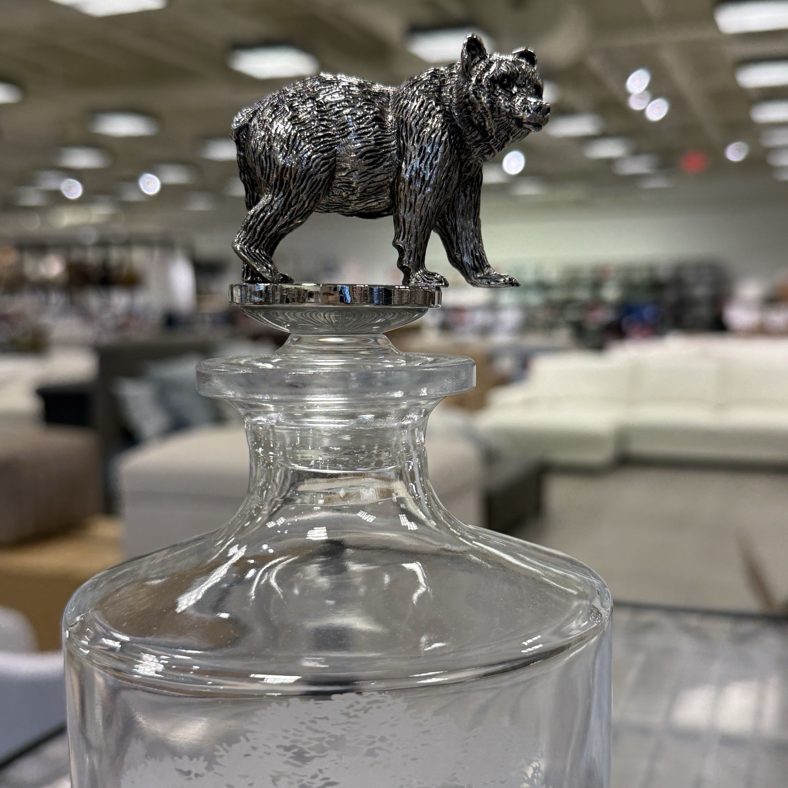 POTTERY BARN Fantastical Forest Glass Decanter 4.5" X 10" ~ BEAR, FOX, QUAIL