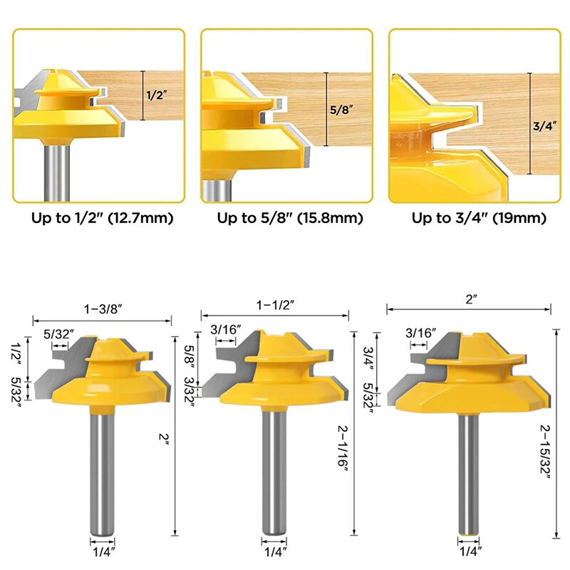 3Pcs 45 Degree Lock Miter Router Bit Set,1/2" 5/8" 3/4" Cutting Height 1/4"Shank