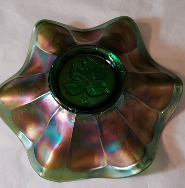 Fenton Grape and Leaves Green Iridescent Carnival Glass Bowl 1911-1918