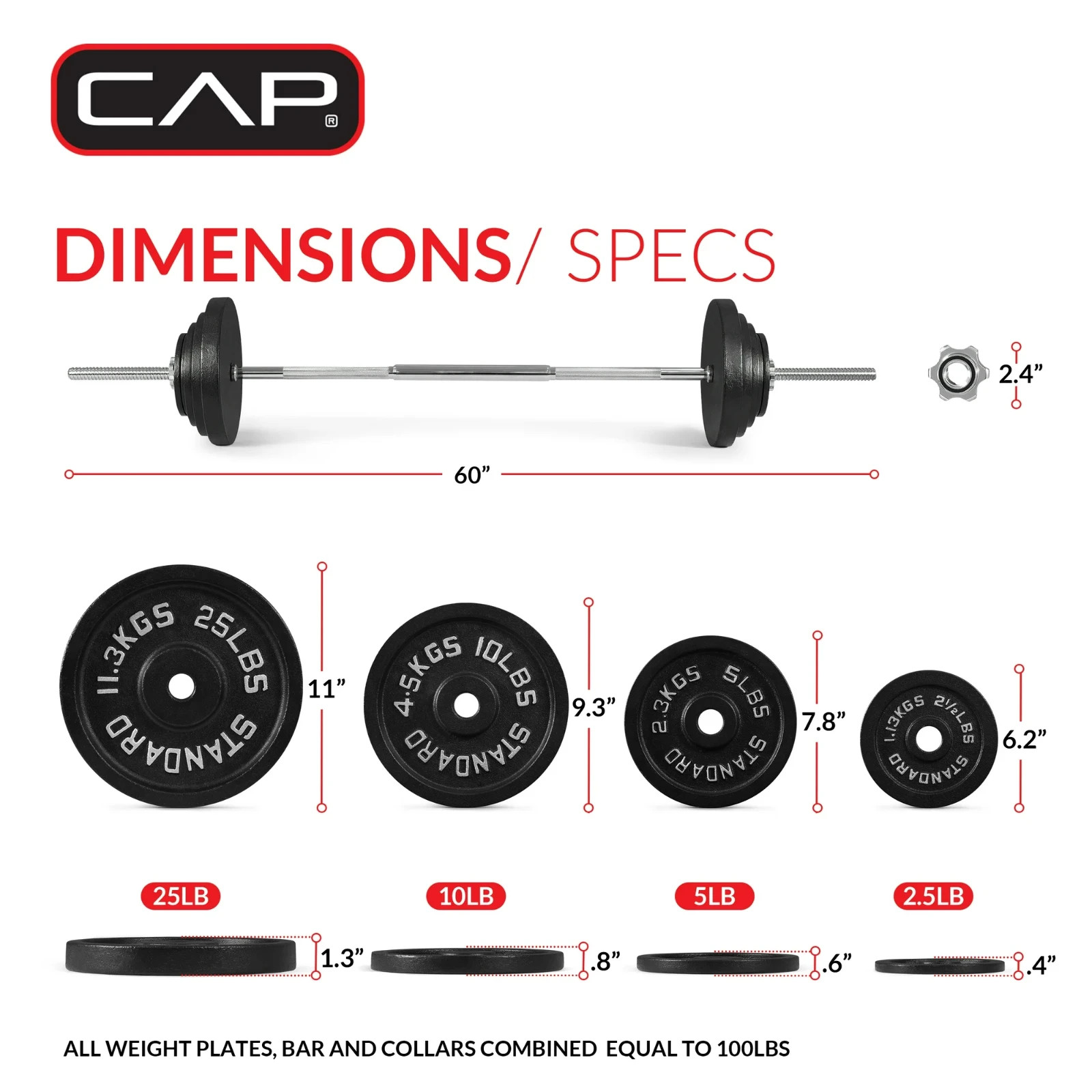 CAP 100lb Standard Cast Iron Weight Set with 3-Pc Bar