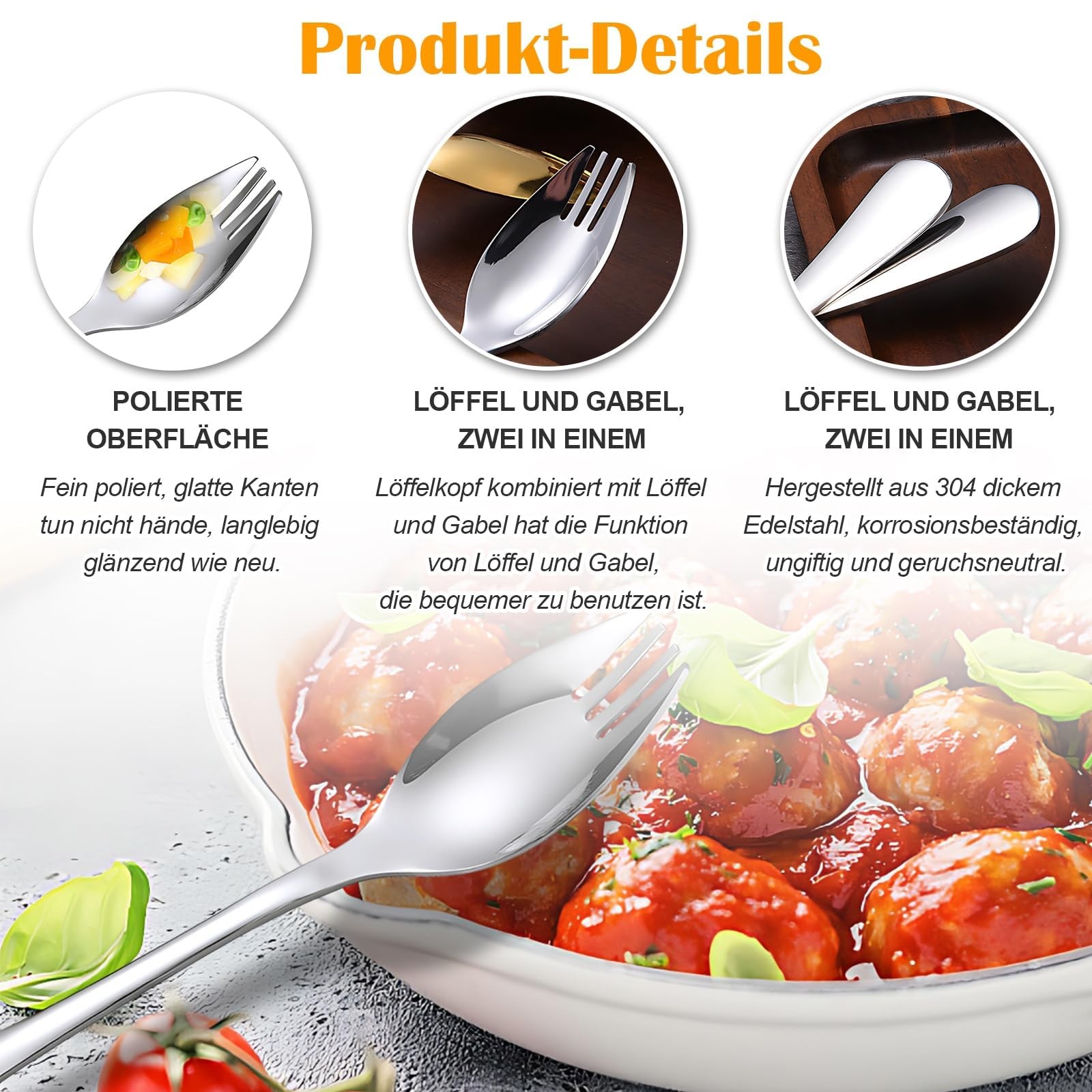 Metal Spork Reusable Sporks,4-Pack Food-Grade Stainless Steel Sporks, 7.28 Inche