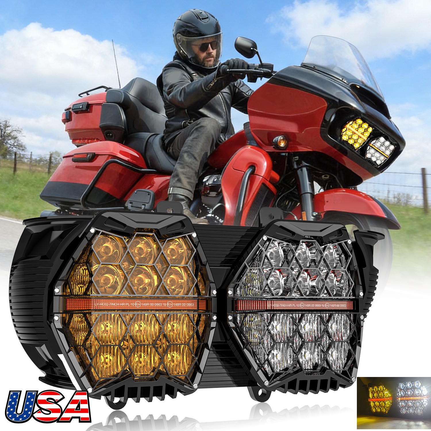 LED Dual Headlight w/ 2 Colors For Harley Touring Road Glide FLTRX FLTRXS 2015+