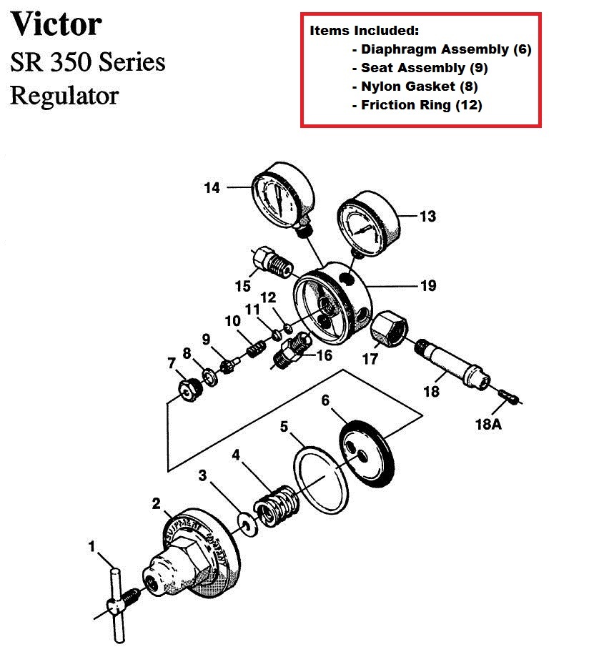 Victor SR350D Oxygen Regulator Rebuild/Repair Parts Kit w/ Diaphragm
