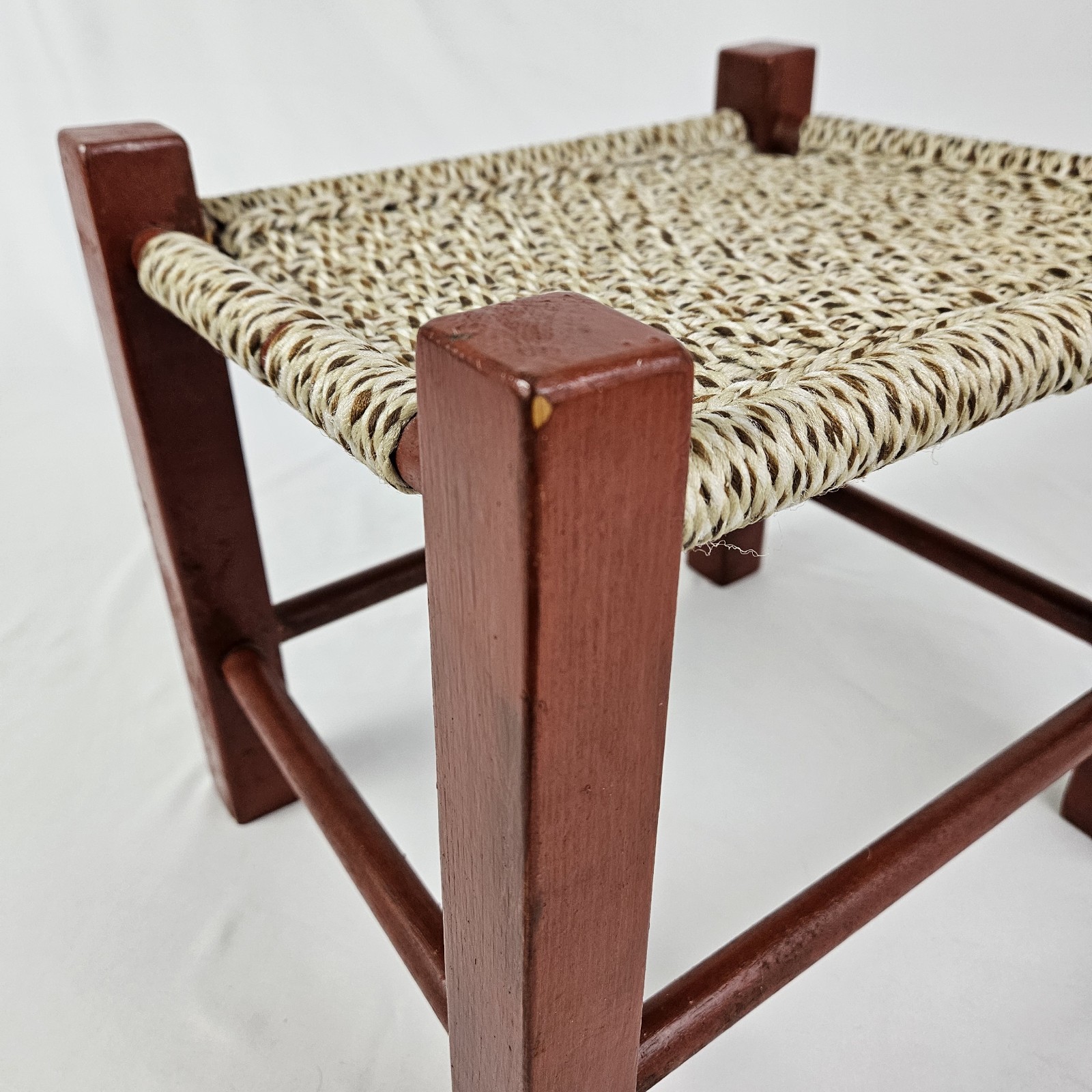 Vintage MCM Mission Footstool Stool Weaved Rope Macrame Top Arts & Crafts