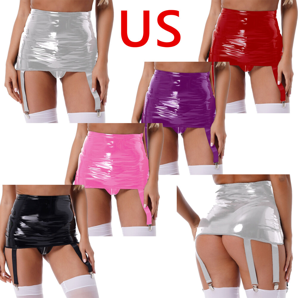 Women Wet Look PVC Leather High Waisted Garter Belt with 6 Wide Straps Skirts