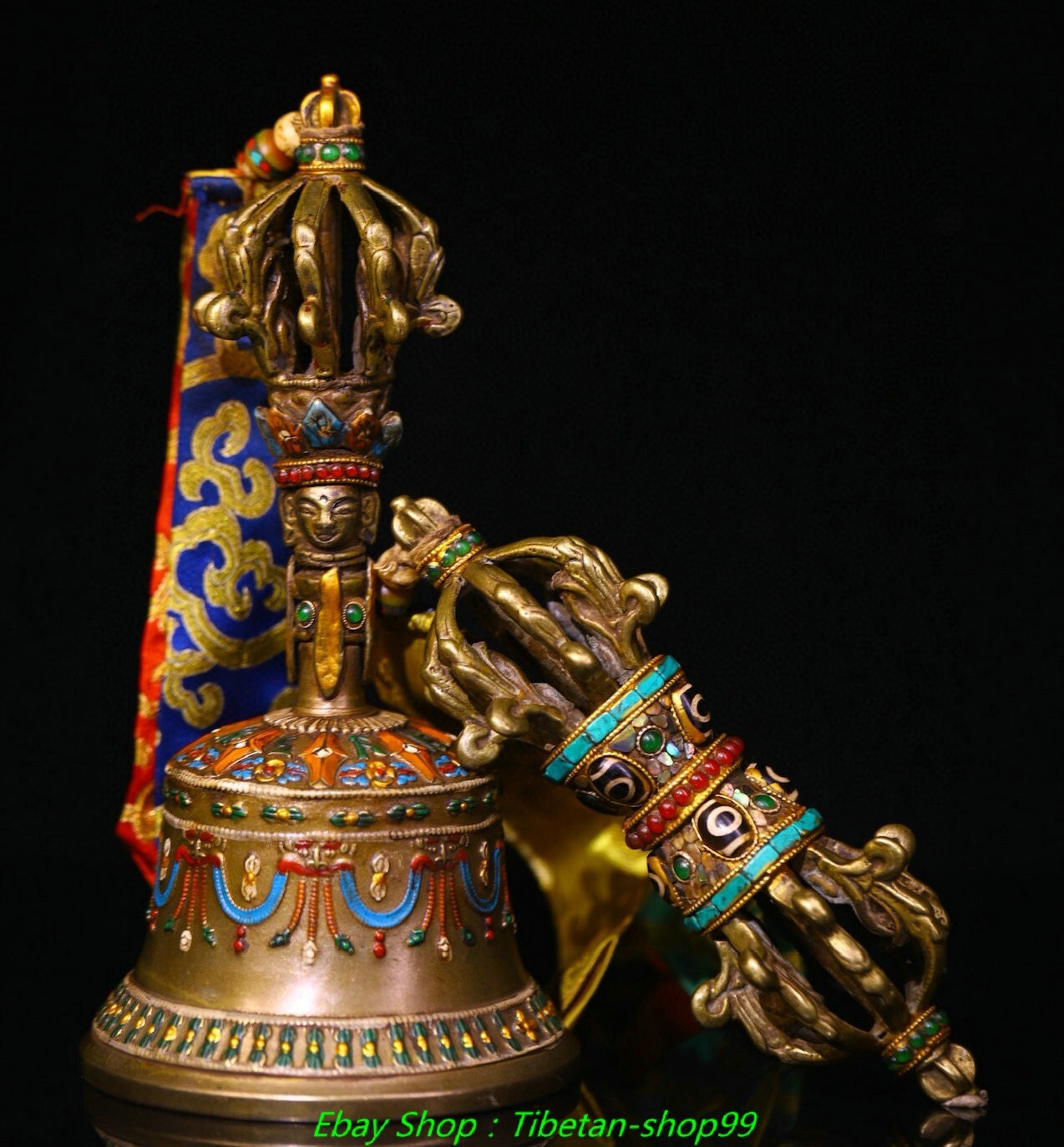 8.6''Old Tibet Bronze Painting inlay Dzi Bead Dorje Vajra Bell & Holder Faqi