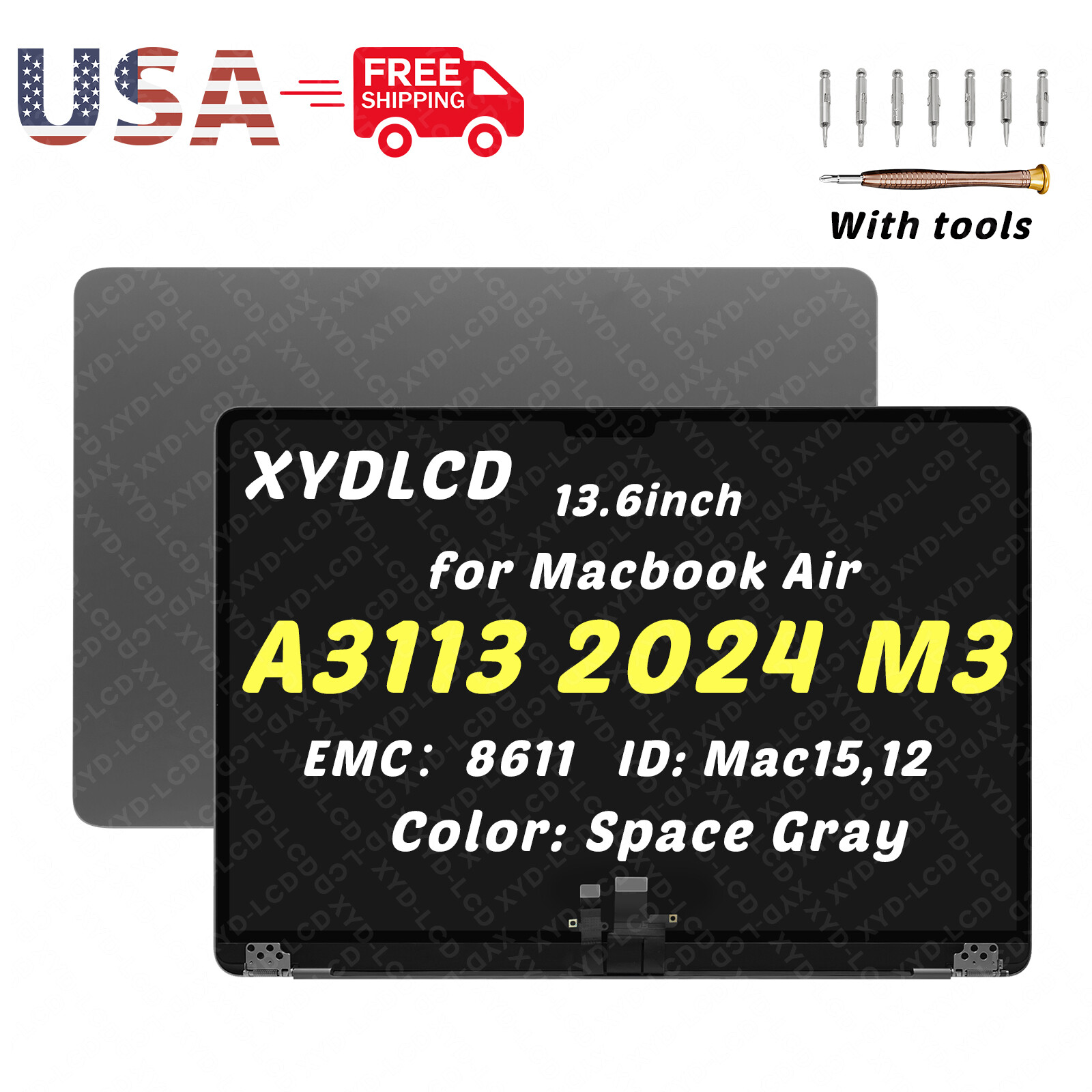 13" for Macbook Air A3113 2024 M3 EMC8611 LCD Screen Complete Assembly SpaceGray