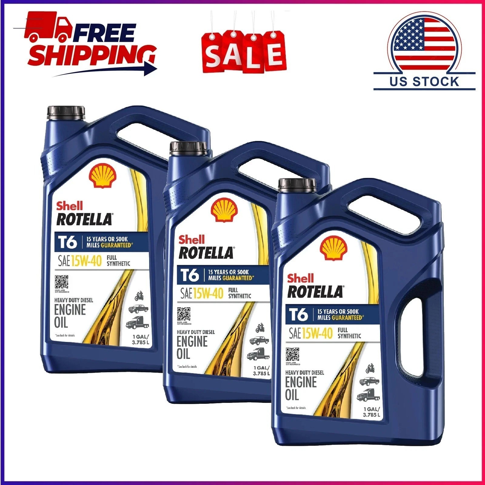 3 Pack. Shell Rotella T6 Full Synthetic 15W-40 Diesel Engine Oil, 1 Gallon