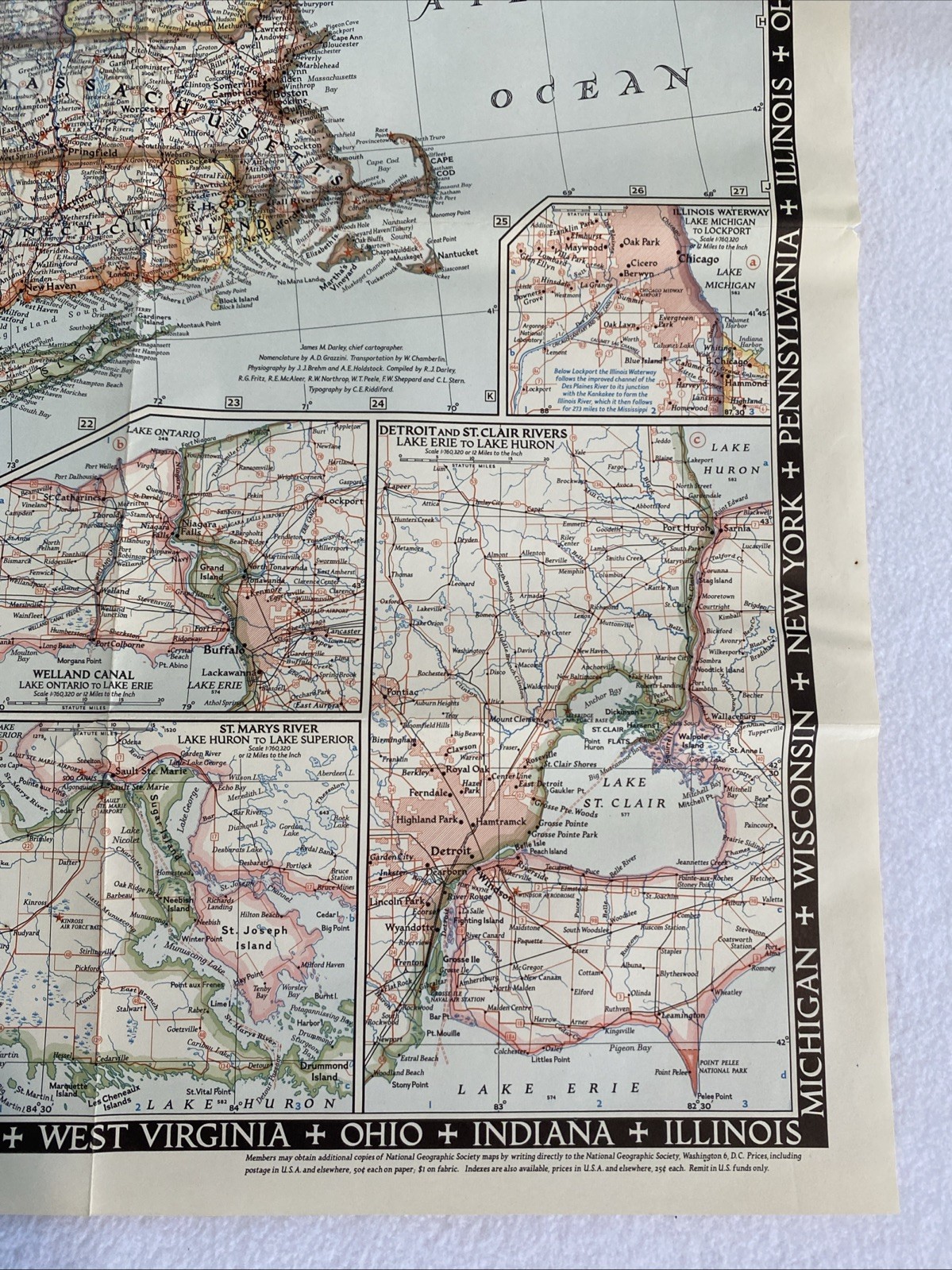 Great Lakes Region USA & Canada - National Geographic Map December 1953 42x28”