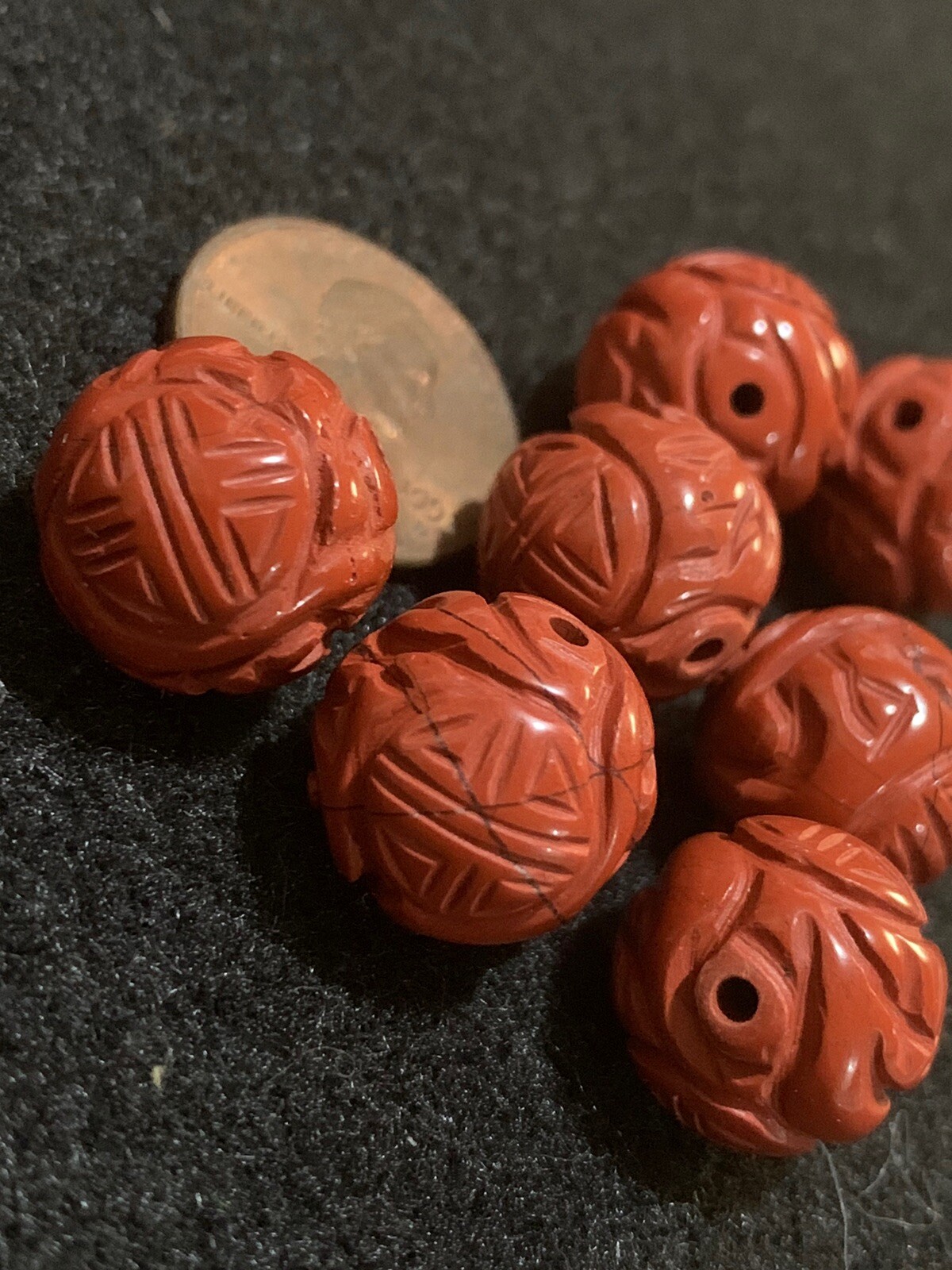 One Vintage Carved Chinese Bead Natural Red Jasper Double Shou Design 14mm Round