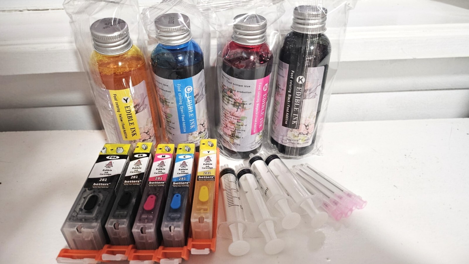 Edible ink Set- Refill 4 * 100ml bottles with 4 needles & 280/281 Cake Cartridge