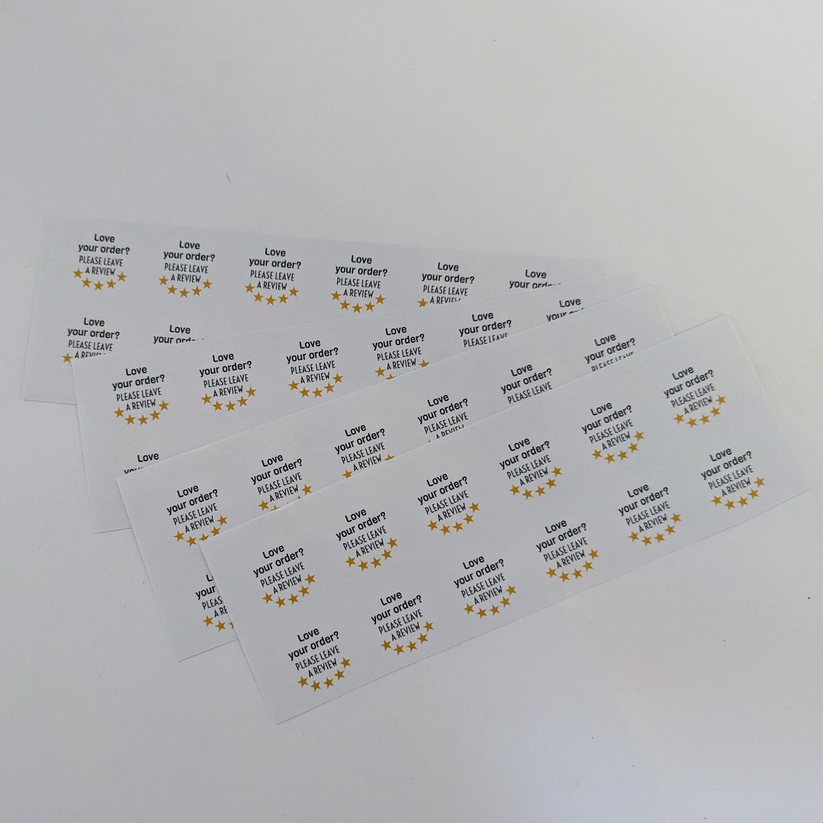 "Love your order? Please leave a review" sticker 1.25 inches round Quantity: 48